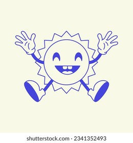 Funny jumping sun character smile summer mascot retro 30s animation style line art icon vector illustration. Cartoon cheerful sunny summertime positive emoticon minimal monochrome hand drawn logo