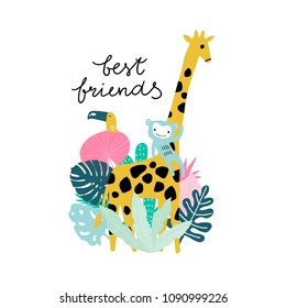 Funny jungle animals Giraffe, monkey, tucan with tropical leaves. Cartoon vector illustration summer illustration