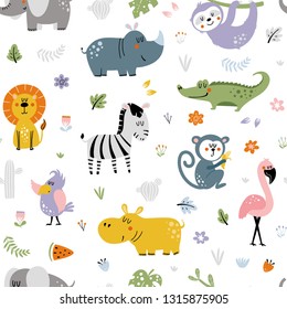 Funny jungle animals seamless pattern with a white background. Vector background perfect for fabric textile.