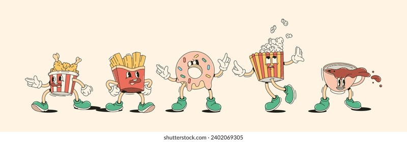 Graciosos personajes de comida rápida basura en un conjunto de ilustraciones vectoriales estilo de dibujos retro. Atrapa el diseño de elementos de animación vintage. Menú café infantil