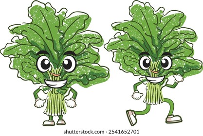 Funny kale mascot designs with healthy vector cartoon kale illustration set