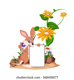 funny kangaroo with blank sign on garden flower