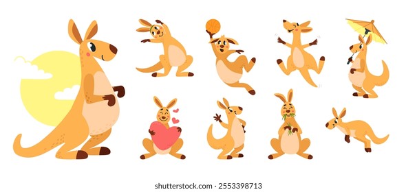 Funny kangaroo. Cartoon kangaroo characters in different poses. Australian wild animals jumping eating smiling. Cute classy vector animal from australia