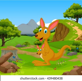 funny kangaroo cartoon in the jungle with landscape background