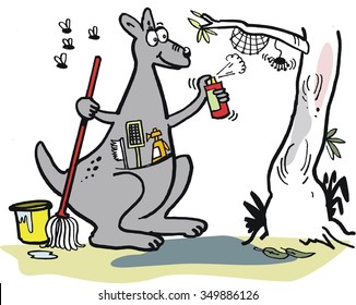 Funny kangaroo cartoon vector showing marsupial spring cleaning with mop and bucket.