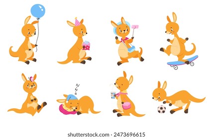 Funny kangaroo characters. Cartoon australian wild animals in action poses. Kangaroo sleeping, play football skateboarding, nowaday vector clipart