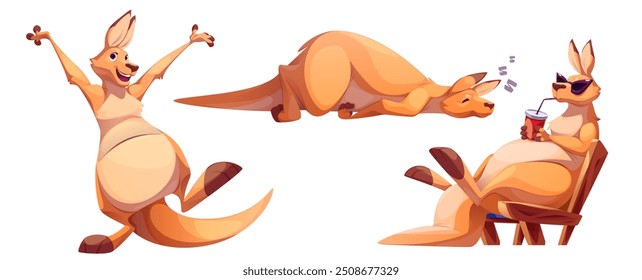 Funny kangaroo characters set isolated on white background. Vector cartoon illustration of Australian marsupial animal jumping and smiling, lying asleep, relaxing with cocktail in armchair on beach