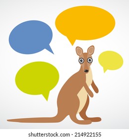 Funny kangaroo with colorful speech bubbles on white background. vector