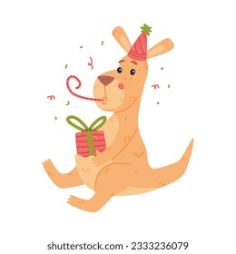 Funny Kangaroo Marsupial Animal Blowing Whistle in Birthday Hat with Gift Box Vector Illustration