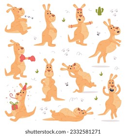 Funny Kangaroo Marsupial Animal Engaged in Different Activity Vector Set