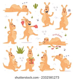 Funny Kangaroo Marsupial Animal Engaged in Different Activity Vector Set