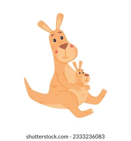 Funny Kangaroo Marsupial Animal Mother Sitting with Baby Vector Illustration