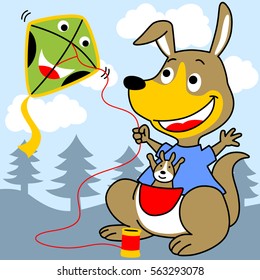 Funny kangaroo and it son playing kite, vector cartoon illustration