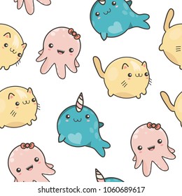 Funny Kawaii Animals. Colored Vector Seamless Pattern