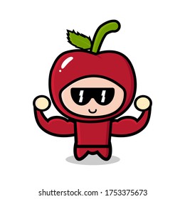 funny kawaii apple cool muscle fruit mascot cartoon illustration.