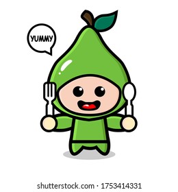 funny kawaii avocado fruits hungry holding a fork and spoon cartoon illustration.