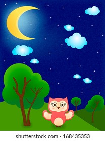 funny kawaii baby owl vector at night