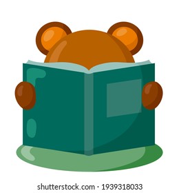 Funny kawaii bear with round body and book in flat design with shadows. Isolated animal vector illustration	