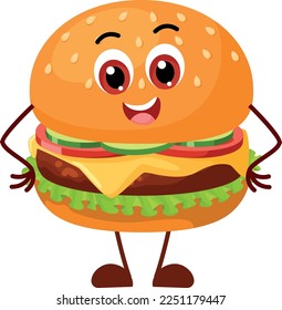 Funny kawaii burger with smiling face. Happy cartoon character