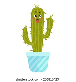 A funny kawaii cactus in a blue ceramic pot shows its tongue. Cute cartoon character. Vector graphics.