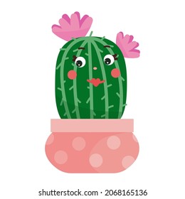 Funny kawaii cactus in a ceramic pot. Cute cartoon character. Vector graphics.