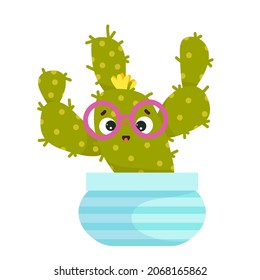 Funny kawaii cactus with glasses in a ceramic pot. Cute cartoon character. Vector graphics.