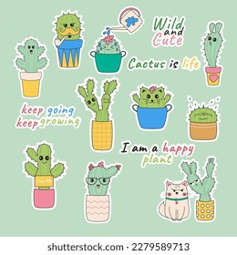 Funny kawaii cactus stickers. Cartoon cactus 