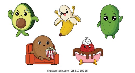 Funny Kawaii Cartoon Fruits and Vegetables Vector Illustration