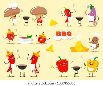 Funny kawaii cartoon vegetables cook barbecue. Vector illustration of a flat style.