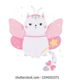 Funny Kawaii Cat In Butterfly Costume. Halloween Cartoon Pet. Fairy Tale Kitten With Magic Wand. Angry Cat. Vector Illustration.