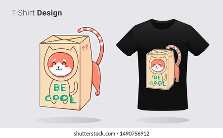 Funny kawaii cat in cardboard box. Print on T-shirts, sweatshirts, cases for mobile phones, souvenirs. Vector illustration with slogan be cool