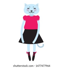 funny Kawaii cat girl in dress with pink cheeks, cartoon pet blue pink black isolated on white background. Can be used for greeting card design, for your text, fashion print for baby clothes. Vector