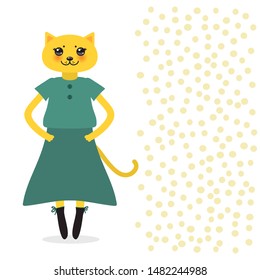 funny Kawaii cat girl in dress with pink cheeks, cartoon pet yellow green isolated on white dot background. Can be used for greeting card design, for your text, fashion print for baby clothes. Vector
