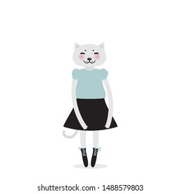 funny Kawaii cat girl in dress with pink cheeks, cartoon pet gray blue black isolated on white background. Can be used for greeting card design, for your text, fashion print for baby clothes. Vector