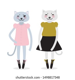 funny Kawaii cat girl in dress with pink cheeks, cartoon pet gray pink black isolated on white background. Can be used for greeting card design, for your text, fashion print for baby clothes. Vector