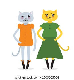 funny Kawaii cat girl in dress with pink cheeks, cartoon pet gray green black isolated on white background. Can be used for greeting card design, for your text, fashion print for baby clothes. Vector