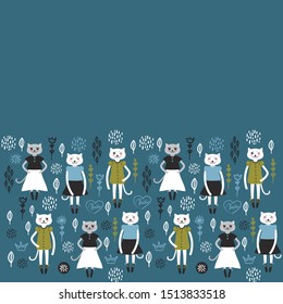 funny Kawaii cat girl in dress, cartoon pet blue black mustard yellow pink white flowers leaves background. Can be used for greeting card design, your text, fashion print for baby clothes. Vector