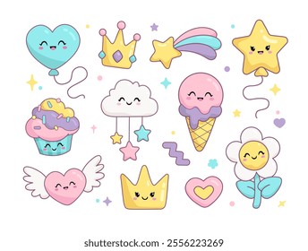 Engraçado Kawaii personagens Baby cupcake, sorvete, estrela feliz, magia, princesa coroa, balão estrela - coleção de vetor de desenhos animados