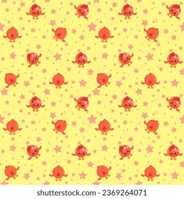 Funny kawaii chick seamless pattern background. Colored decorative endless flat vector backdrop animal tracery for fabric, cloth, print, backsplash, textile or wrapping paper	