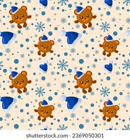 Funny kawaii Christmas celebration bear seamless pattern background. Colored holiday endless flat vector backdrop animal tracery for fabric, cloth, print, backsplash, textile or wrapping paper