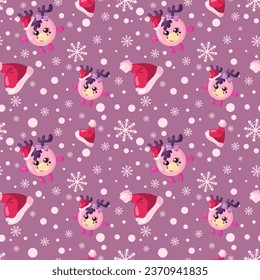 Funny kawaii Christmas celebration deer or moose seamless pattern background. Colored holiday endless flat vector backdrop animal tracery for fabric, cloth, print, backsplash, textile or wrapping pape