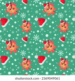 Funny kawaii Christmas celebration dragon seamless pattern background. Colored holiday endless flat vector backdrop animal tracery for fabric, cloth, print, backsplash, textile or wrapping paper