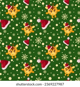 Funny kawaii Christmas celebration giraffe seamless pattern background. Colored holiday endless flat vector backdrop animal tracery for fabric, cloth, print, backsplash, textile or wrapping paper