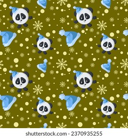Funny kawaii Christmas celebration panda bear seamless pattern background. Colored holiday endless flat vector backdrop animal tracery for fabric, cloth, print, backsplash, textile or wrapping paper	