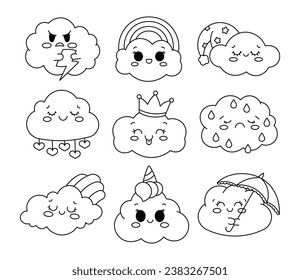 Funny kawaii clouds. Coloring Page. Cute cartoon sky and weather characters. Hand drawn style. Vector drawing. Collection of design elements.