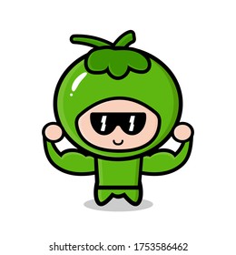 funny kawaii coconut fruits cool muscle mascot cartoon illustration.