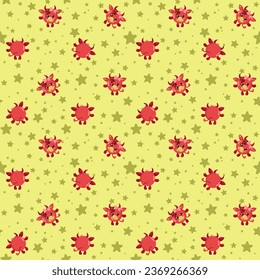 Funny kawaii cow seamless pattern background. Colored decorative endless flat vector backdrop animal tracery for fabric, cloth, print, backsplash, textile or wrapping paper	