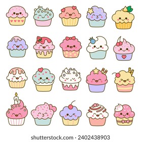 Funny kawaii cupcakes. Cute sweet food dessert characters. Hand drawn style. Vector drawing. Collection of design elements.