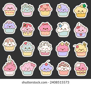 Funny kawaii cupcakes. Sticker Bookmark. Cute sweet food dessert characters. Hand drawn style. Vector drawing. Collection of design elements.