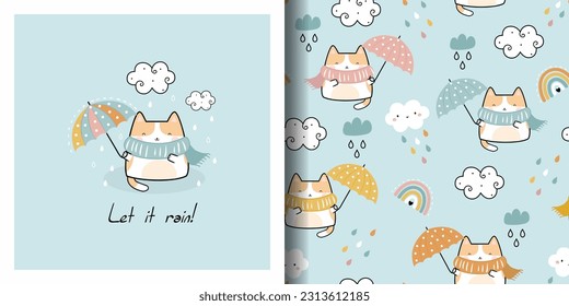 Funny Kawaii Cute Cat with umbrella fly in the sky. Cartoon card and seamless pattern set. Childish Cartoon Animals Background. Vector illustration